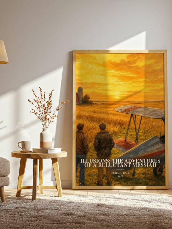 Illusions: The Adventures Of A Reluctant Messiah watercolour print in frame leaning in hallway – philosophy wall art