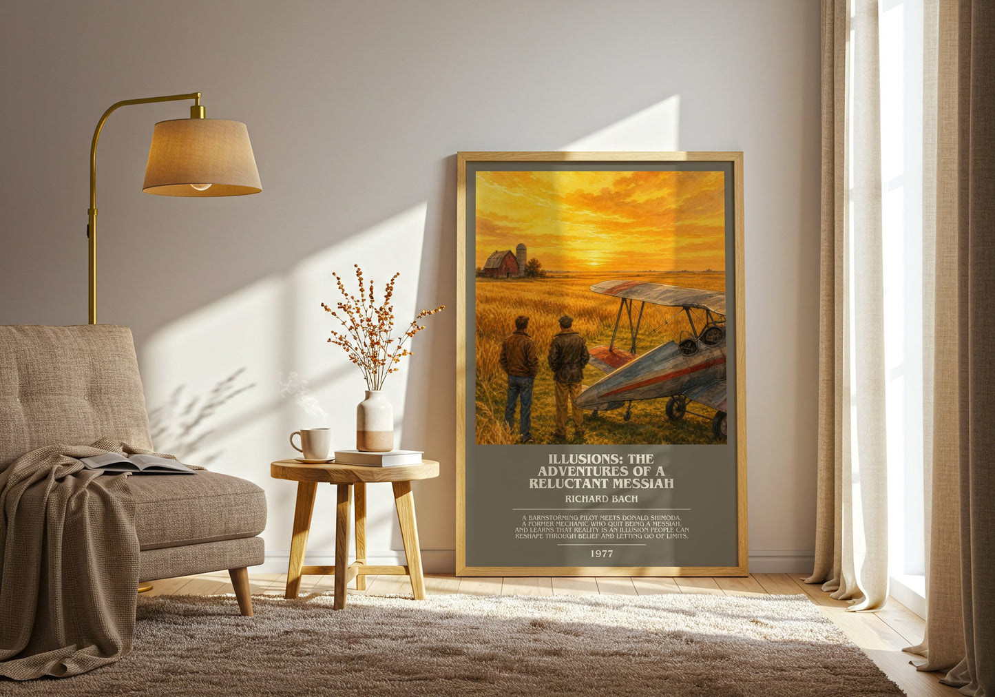 Illusions: The Adventures Of A Reluctant Messiah bookish print on bookshelf – Richard Bach fan gift