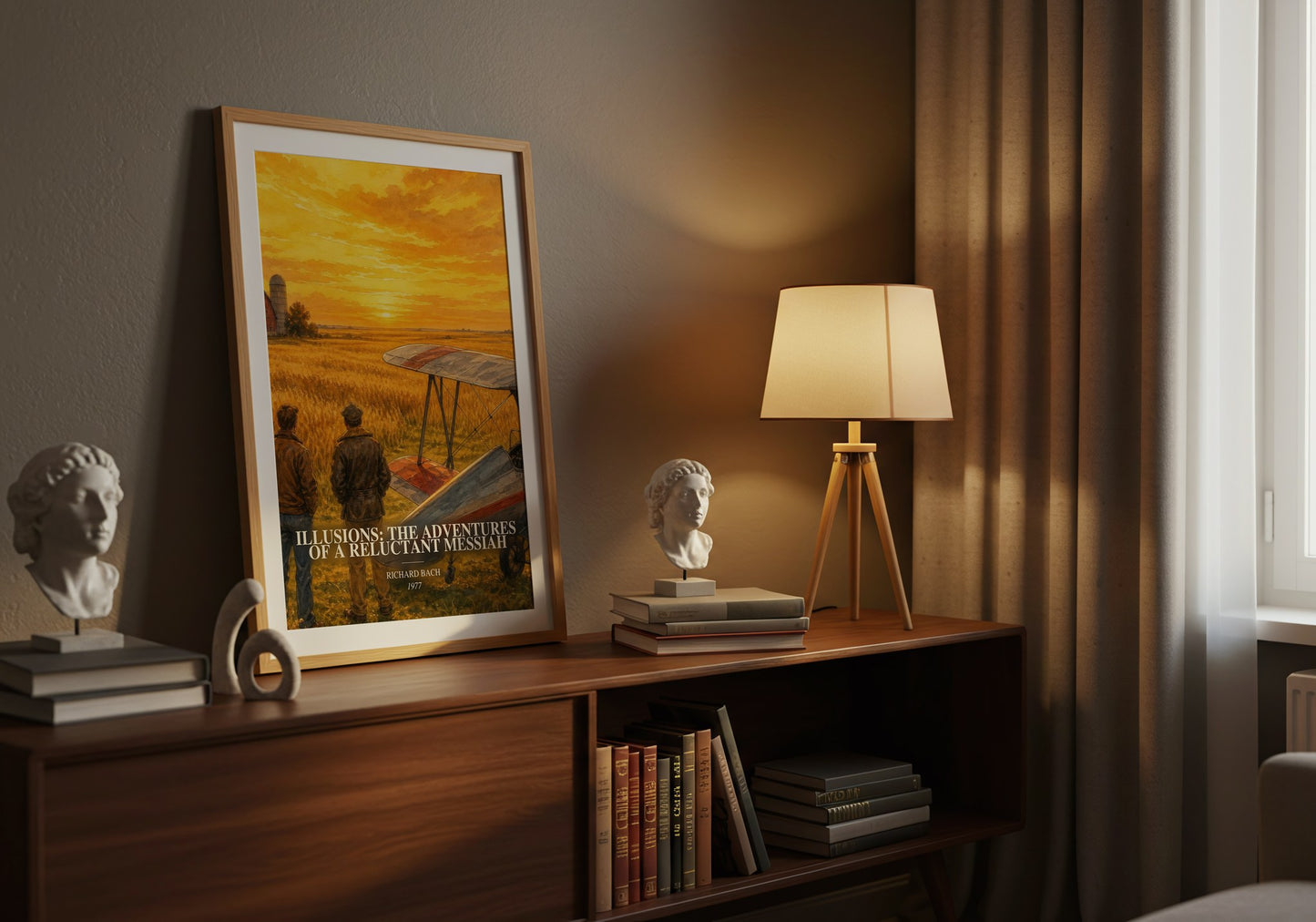 Illusions: The Adventures Of A Reluctant Messiah watercolour print on bookshelf – Richard Bach fan gift