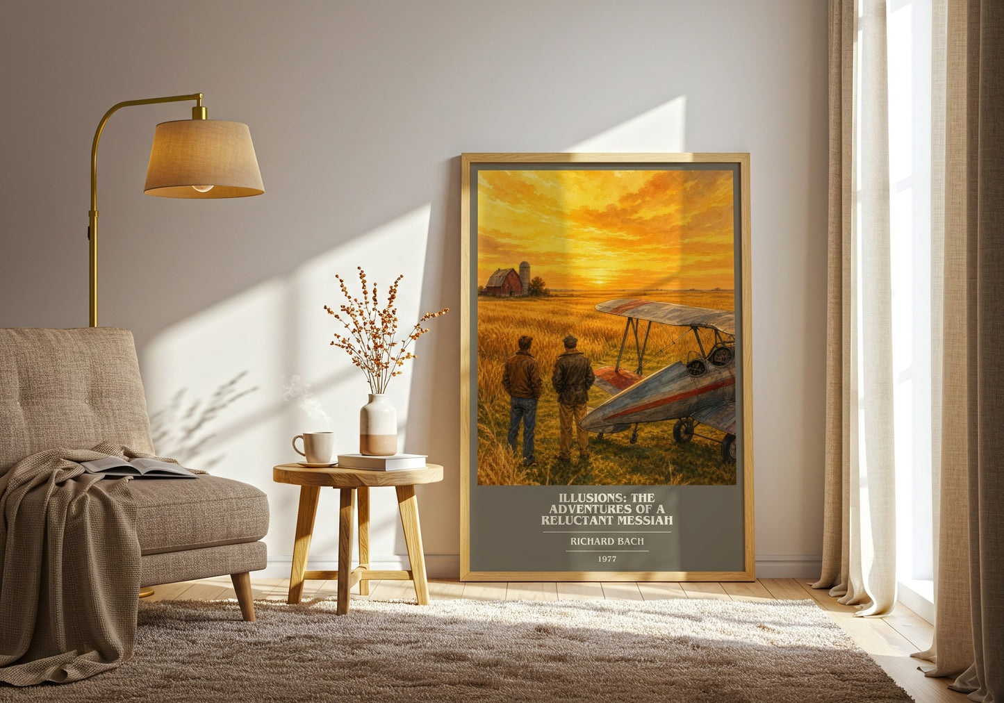 Illusions: The Adventures Of A Reluctant Messiah book cover print on bookshelf – Richard Bach fan gift