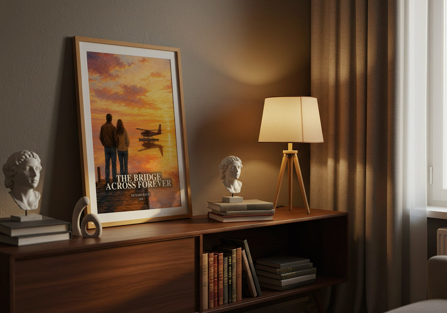 The Bridge Across Forever watercolour print on bookshelf – Richard Bach fan gift