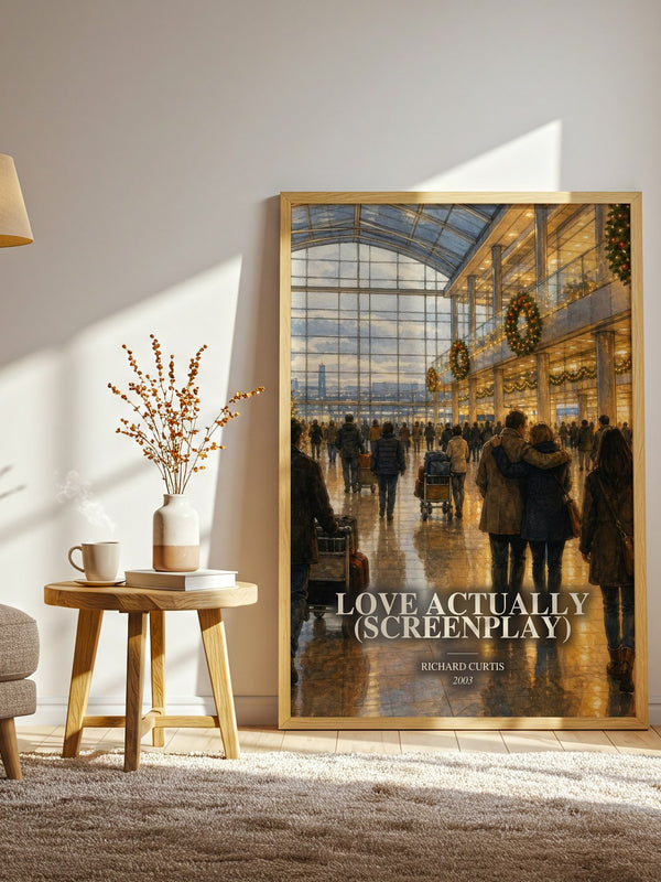 Love Actually (Screenplay) watercolour print in frame leaning in hallway – contemporary fiction wall art
