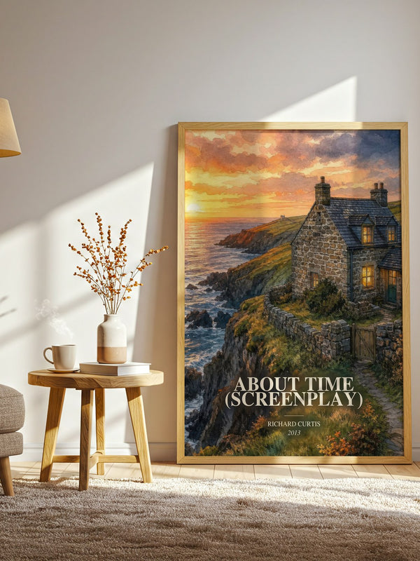 About Time (Screenplay) watercolour print in frame leaning in hallway – romance wall art