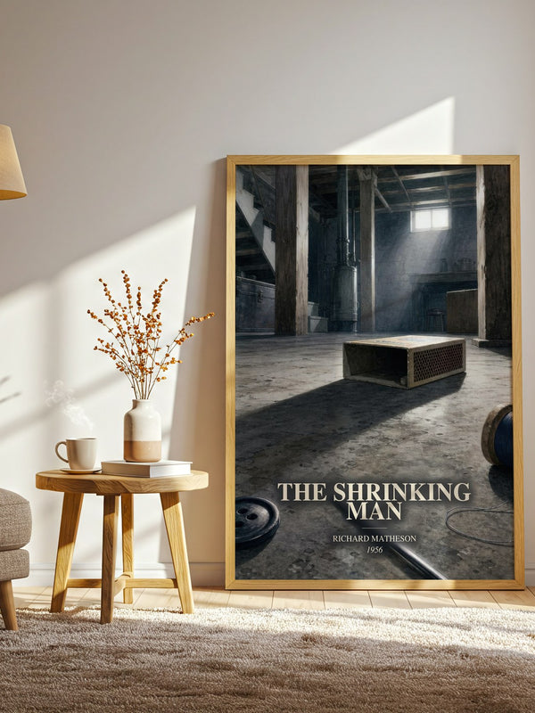 The Shrinking Man watercolour print in frame leaning in hallway – sci fi wall art
