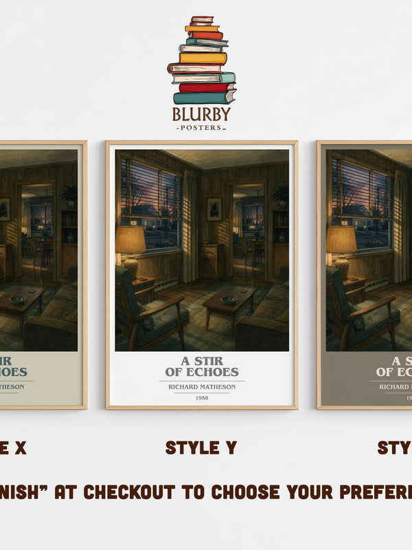 A Stir Of Echoes book cover print in frame leaning in hallway – horror wall art