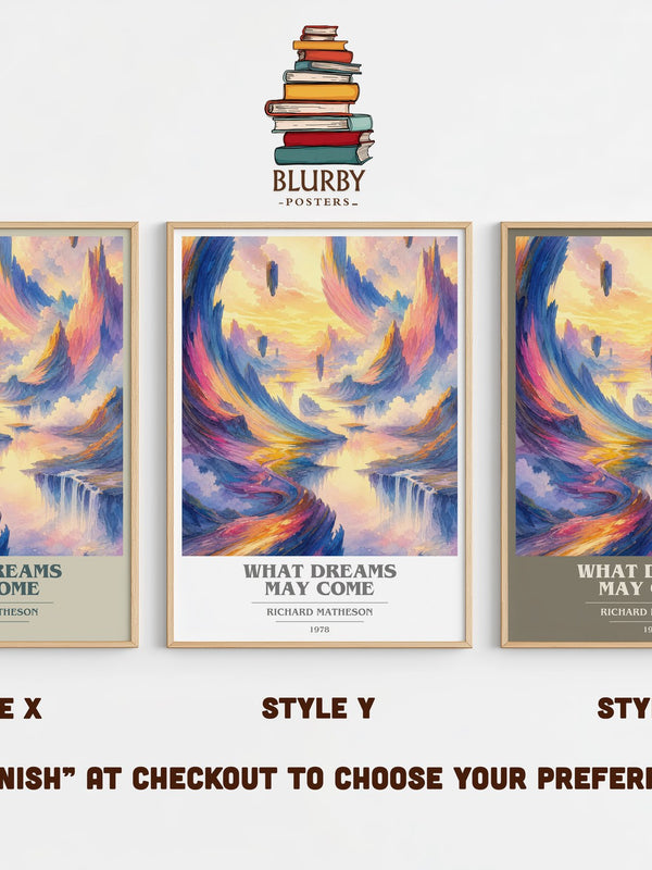 What Dreams May Come book cover print in frame leaning in hallway – literary fiction wall art