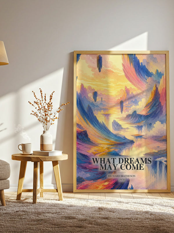 What Dreams May Come watercolour print in frame leaning in hallway – literary fiction wall art