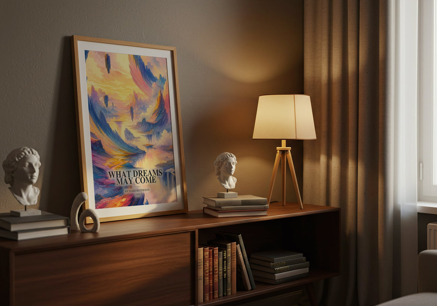 What Dreams May Come watercolour print on bookshelf – Richard Matheson fan gift