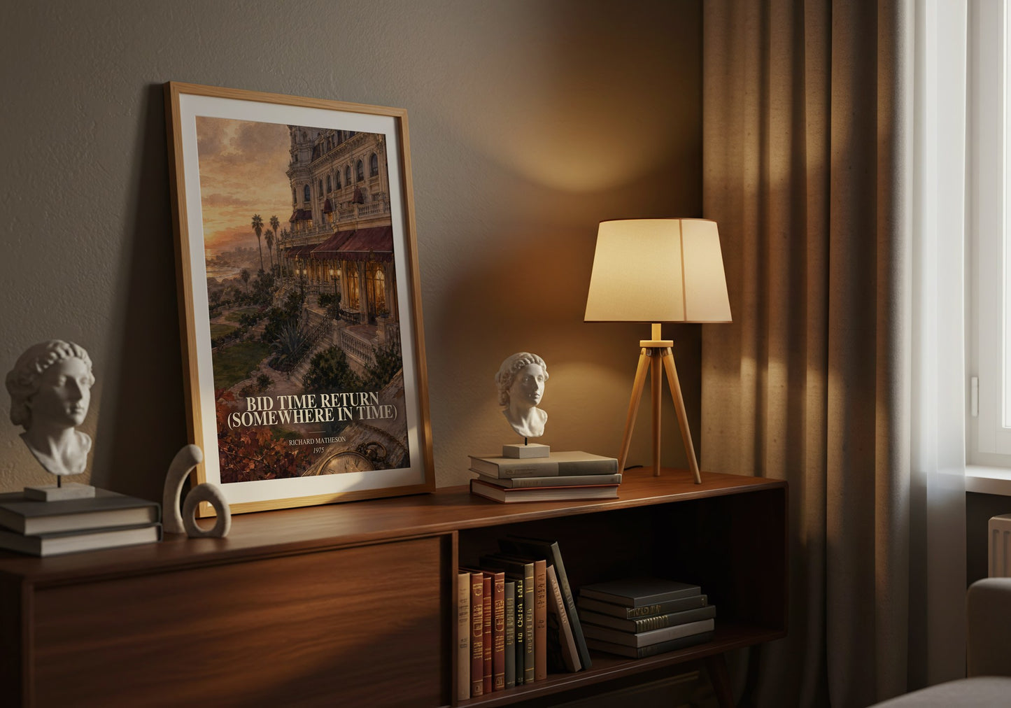 Bid Time Return (Somewhere In Time) watercolour print on bookshelf – Richard Matheson fan gift