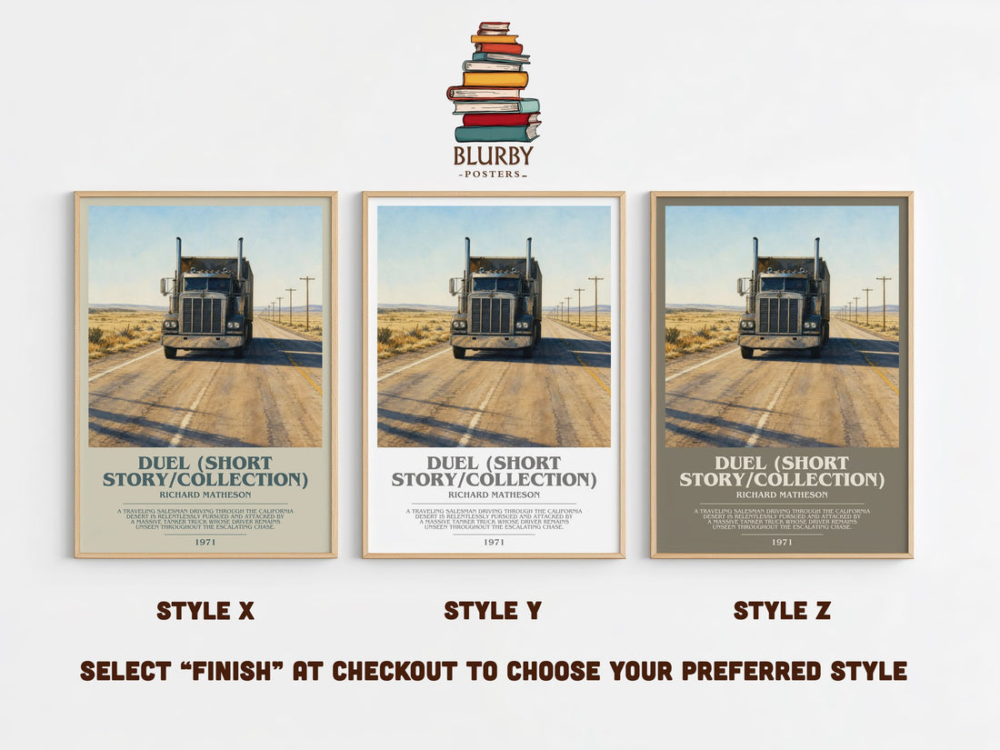 Duel (Short Story/Collection) bookish print in frame leaning in hallway – thriller wall art (mockup)