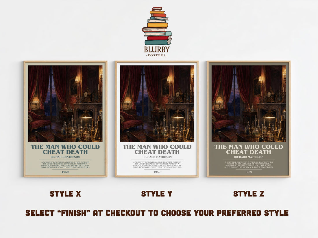 The Man Who Could Cheat Death bookish print in frame leaning in hallway – horror wall art (mockup)