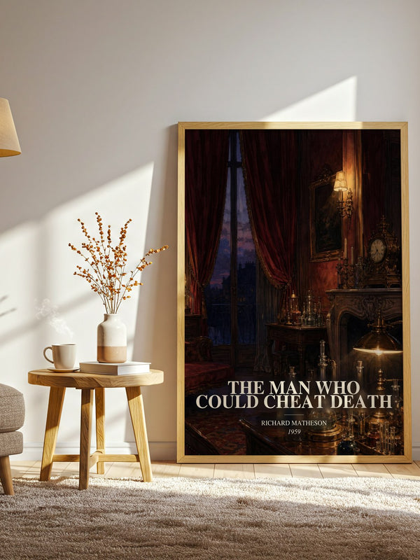 The Man Who Could Cheat Death watercolour print in frame leaning in hallway – horror wall art