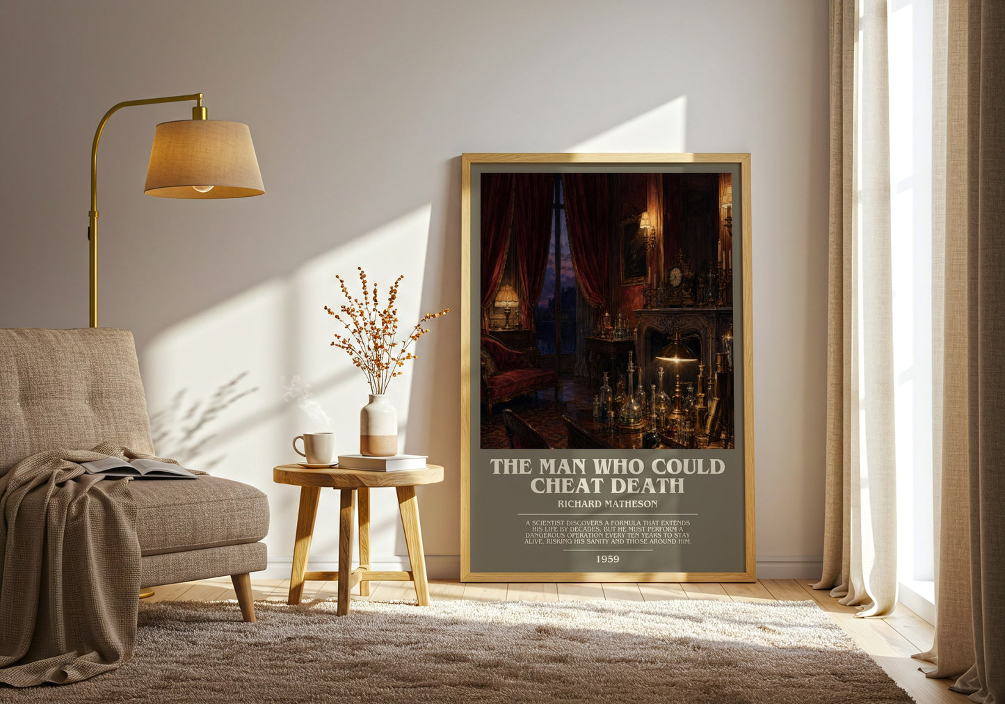 The Man Who Could Cheat Death bookish print on bookshelf – Richard Matheson fan gift