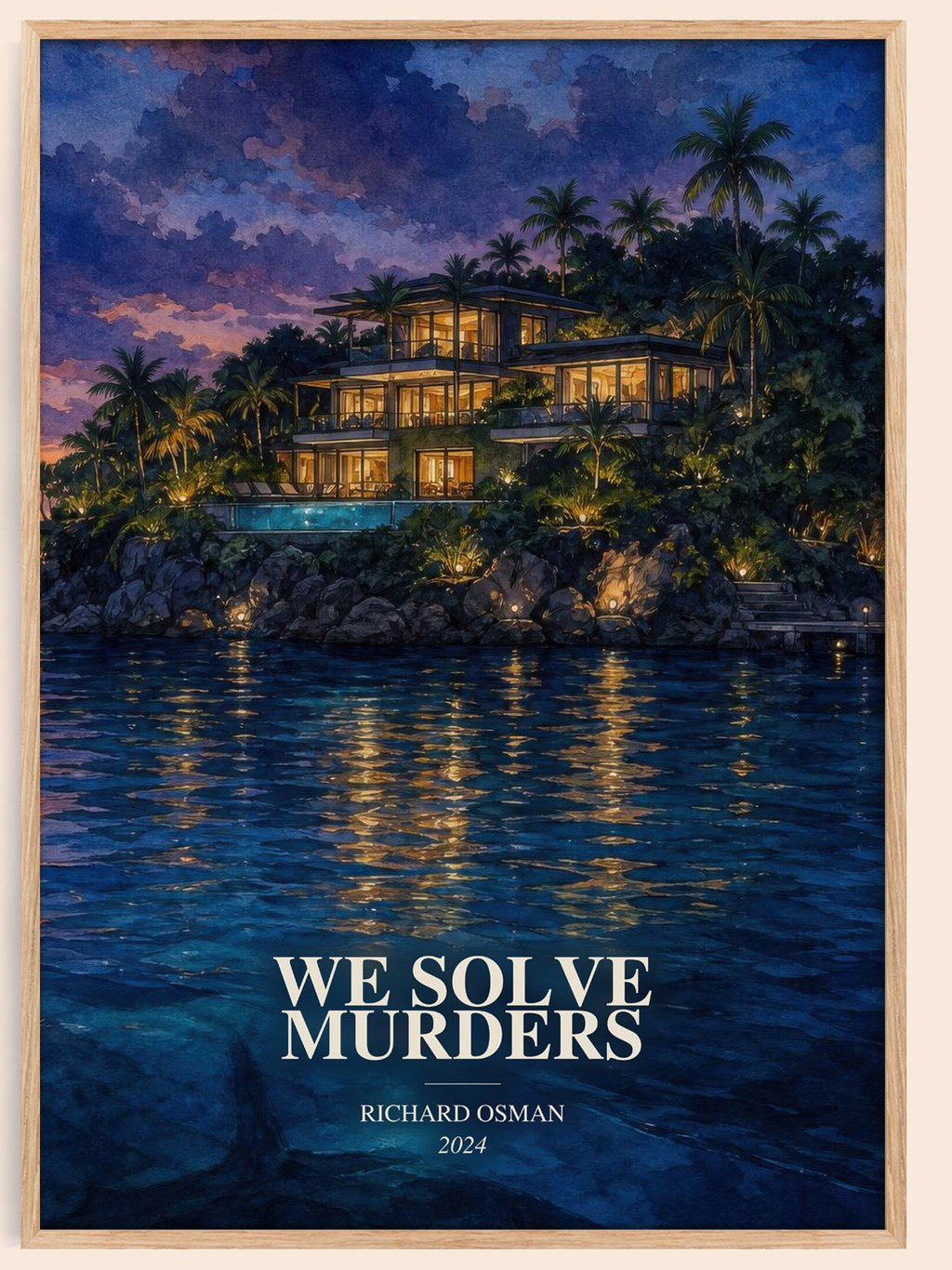 We Solve Murders watercolour book poster by Richard Osman – framed literary art print
