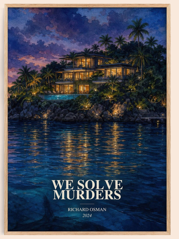We Solve Murders watercolour book poster by Richard Osman – framed literary art print
