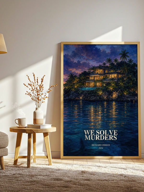 We Solve Murders watercolour print in frame leaning in hallway – mystery wall art