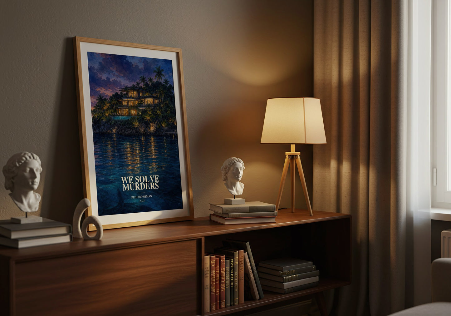 We Solve Murders watercolour print on bookshelf – Richard Osman fan gift