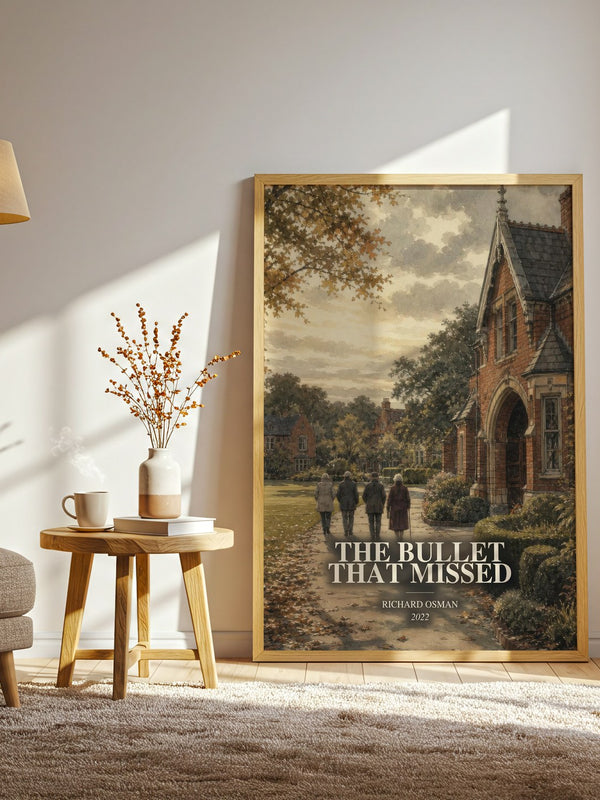 The Bullet That Missed watercolour print in frame leaning in hallway – mystery wall art