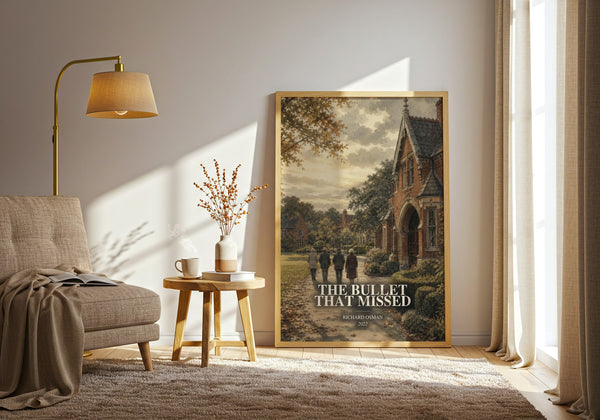 The Bullet That Missed watercolour print in frame leaning in hallway – mystery wall art
