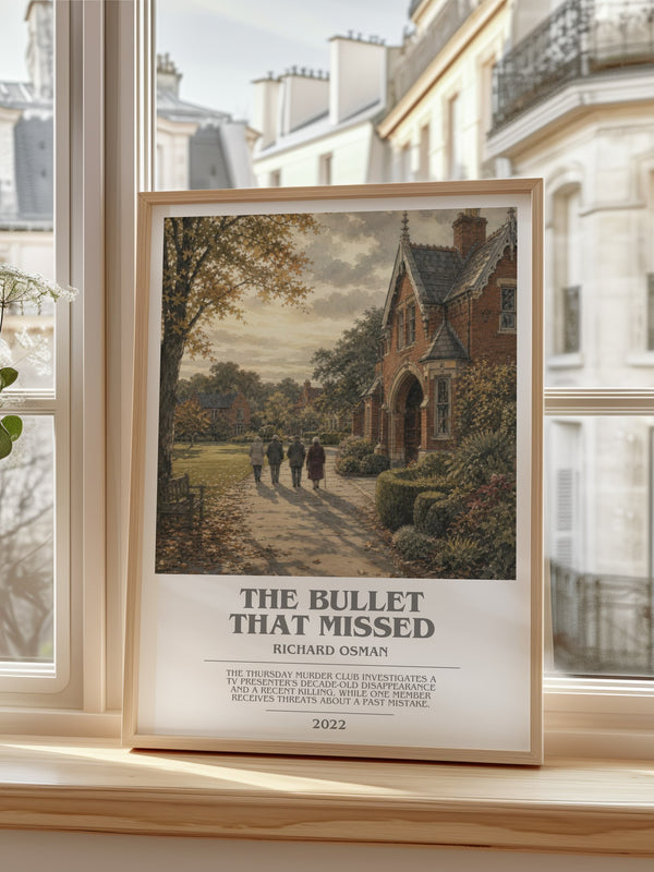 The Bullet That Missed Bookish Wall Art by Richard Osman – framed print by a bright window
