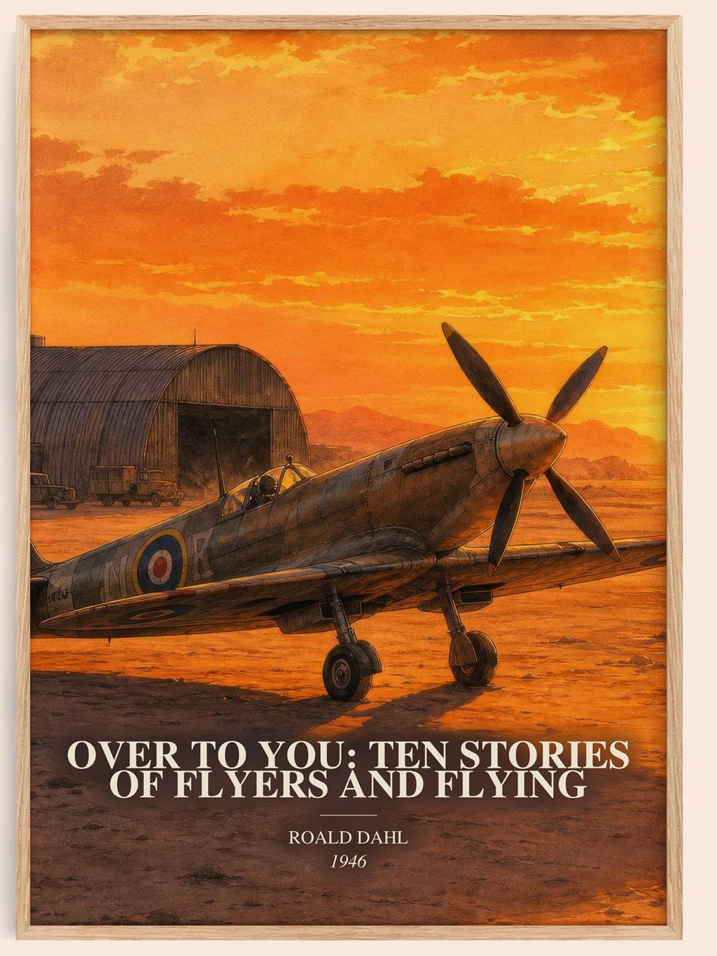 Over To You: Ten Stories Of Flyers And Flying watercolour book poster by Roald Dahl – framed literary art print