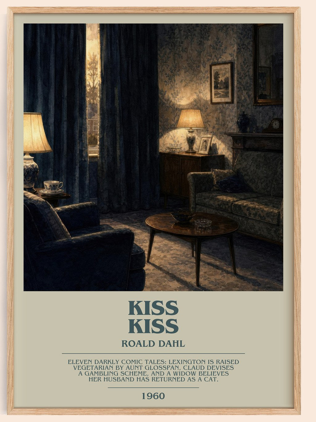 Kiss Kiss bookish book poster by Roald Dahl – framed literary art print