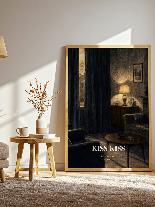 Kiss Kiss watercolour print in frame leaning in hallway – mystery wall art