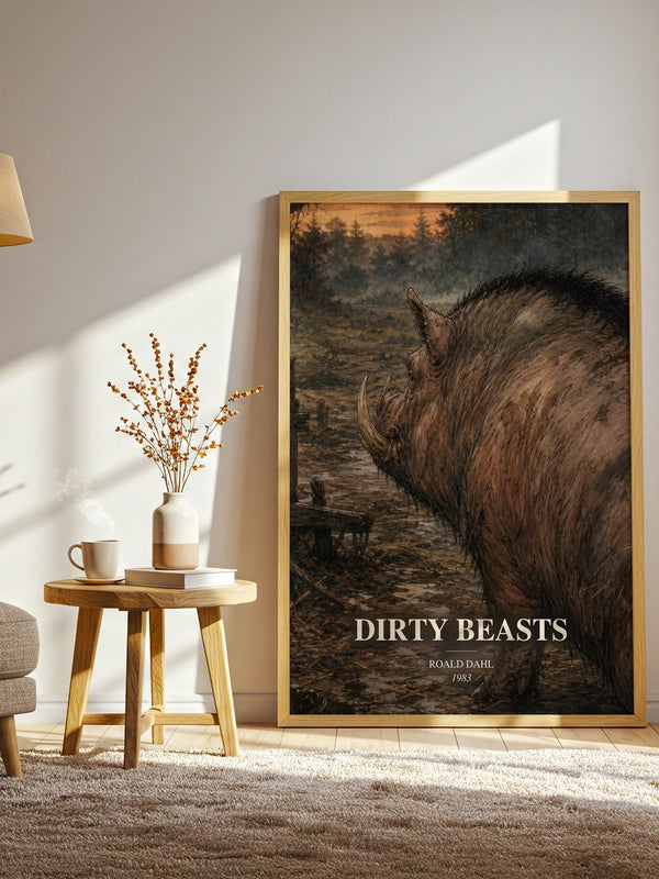 Dirty Beasts watercolour print in frame leaning in hallway – childrens wall art