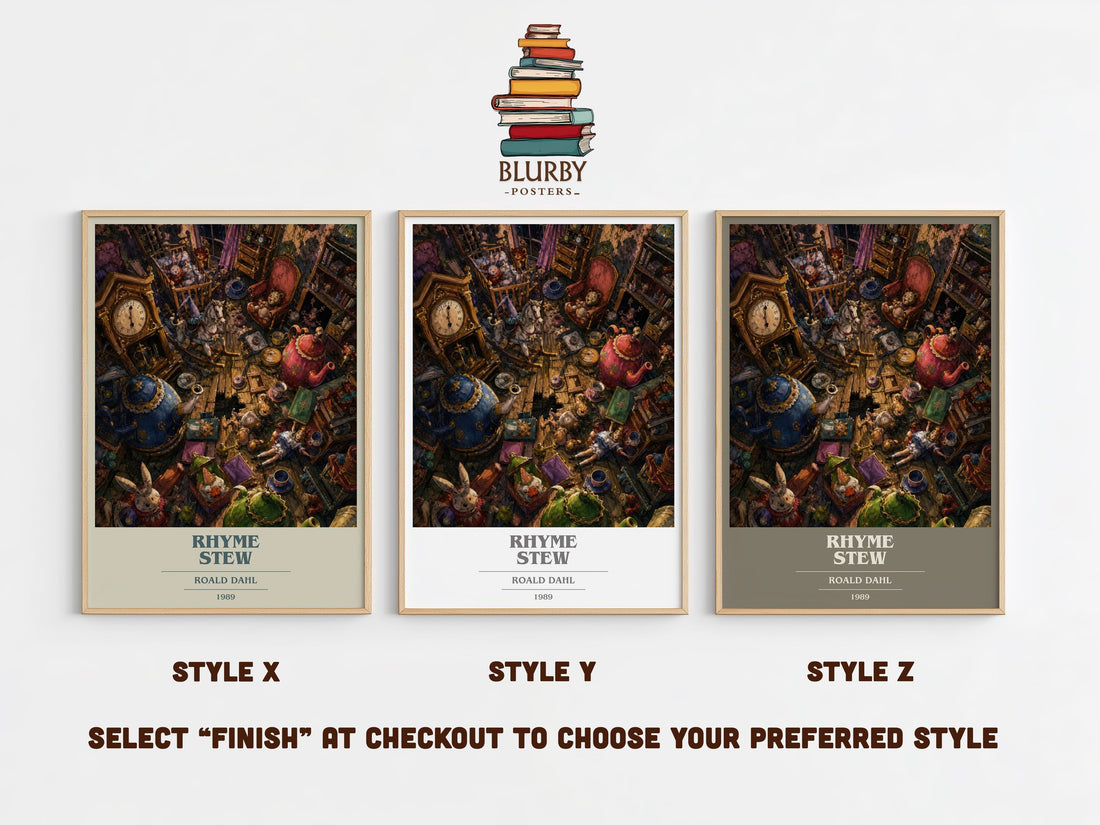 Rhyme Stew book cover print in frame leaning in hallway – poetry wall art (mockup)