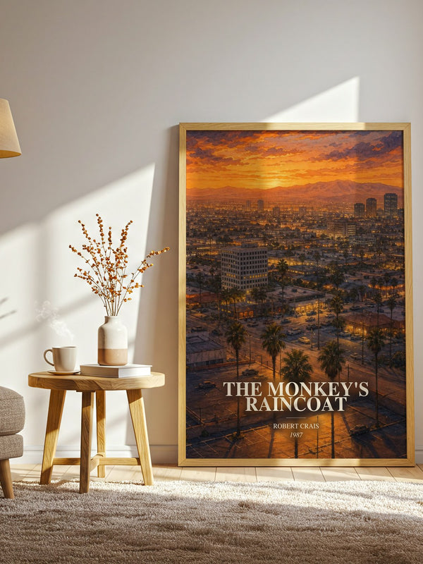 The Monkey'S Raincoat watercolour print in frame leaning in hallway – crime wall art