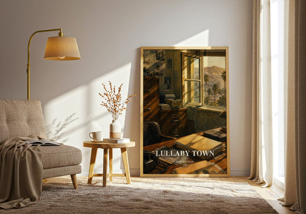 Lullaby Town watercolour print in frame leaning in hallway – crime wall art