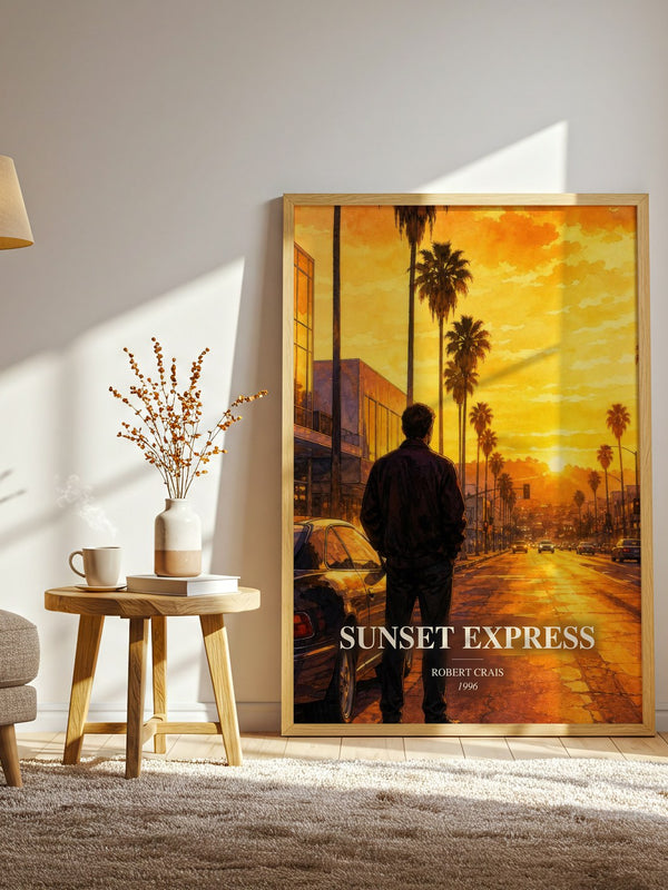 Sunset Express watercolour print in frame leaning in hallway – crime wall art