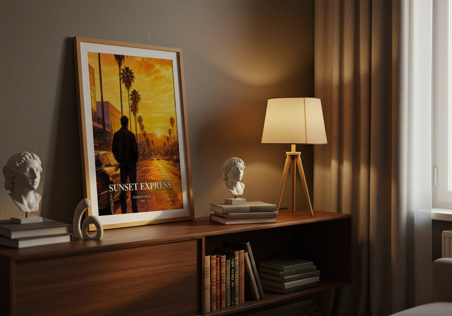 Sunset Express watercolour print on bookshelf – Robert Crais fan gift