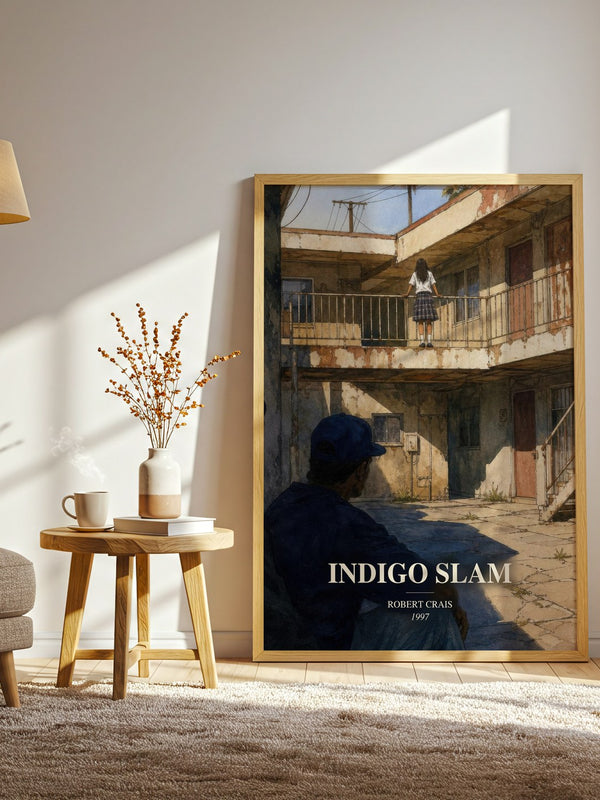 Indigo Slam watercolour print in frame leaning in hallway – crime wall art