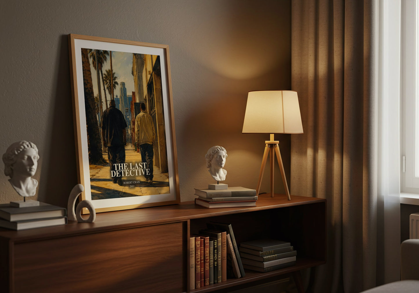 The Last Detective watercolour print on bookshelf – Robert Crais fan gift