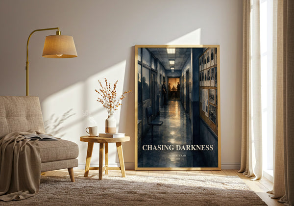 Chasing Darkness watercolour print in frame leaning in hallway – crime wall art