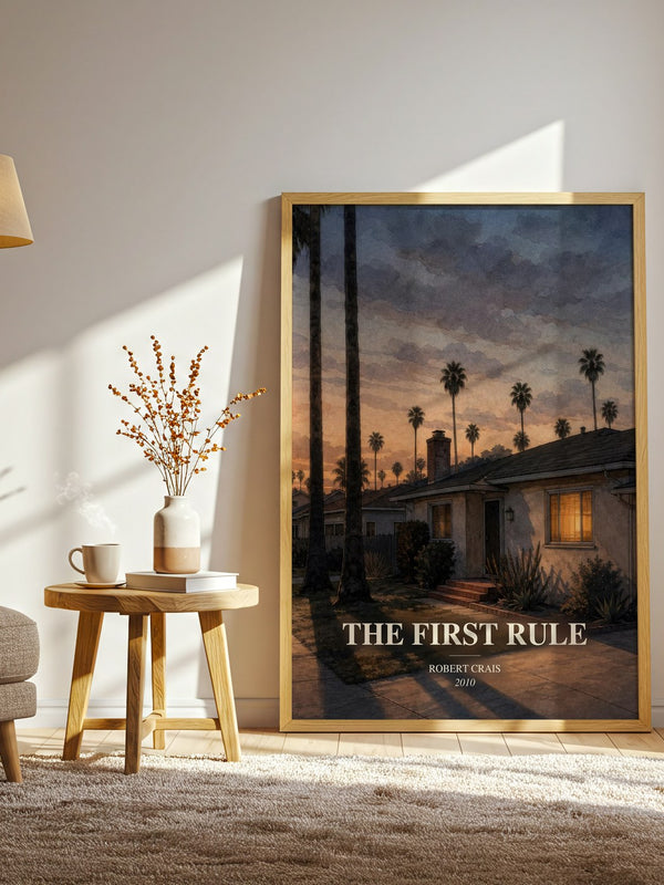 The First Rule watercolour print in frame leaning in hallway – crime wall art