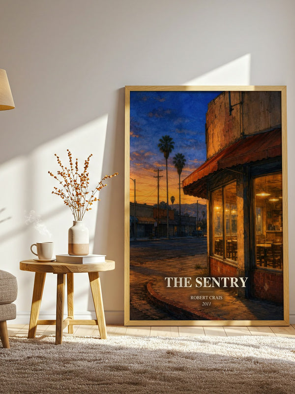 The Sentry watercolour print in frame leaning in hallway – crime wall art