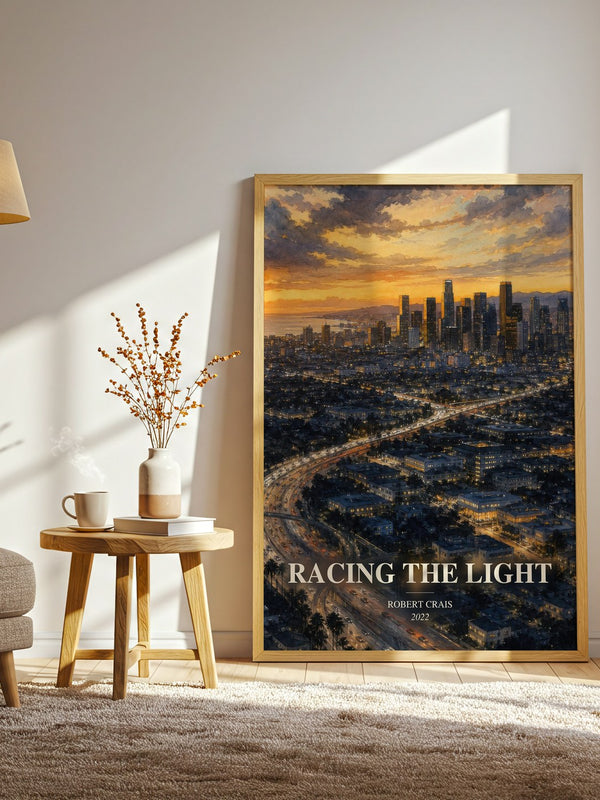 Racing The Light watercolour print in frame leaning in hallway – crime wall art