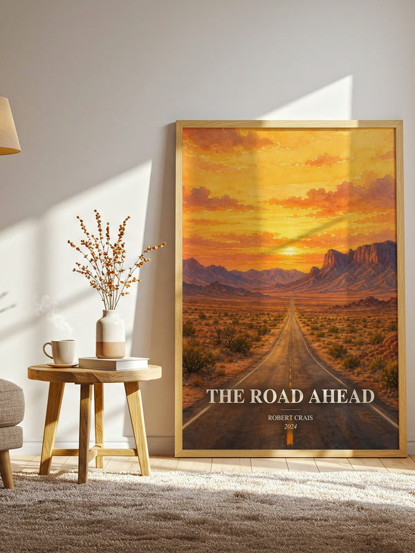 The Road Ahead watercolour print in frame leaning in hallway – thriller wall art