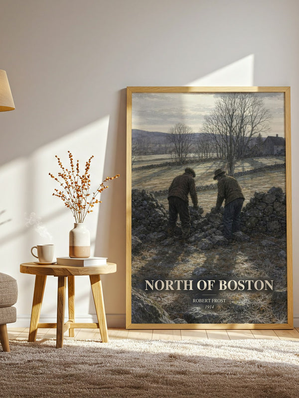 North Of Boston watercolour print in frame leaning in hallway – poetry wall art