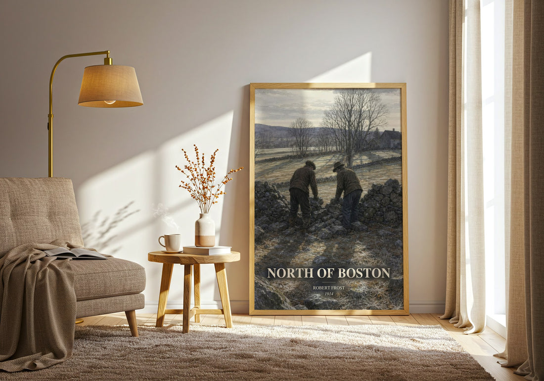 North Of Boston watercolour print in frame leaning in hallway – poetry wall art (mockup)