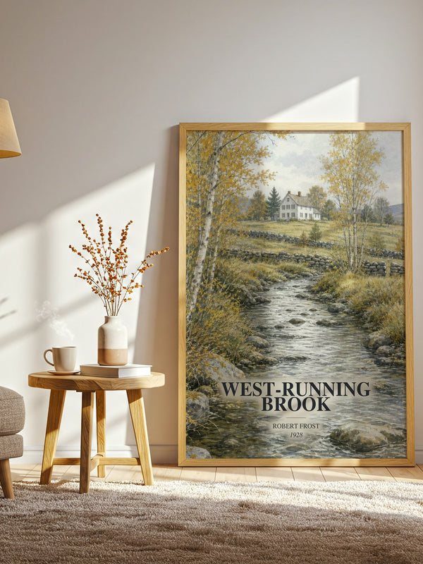 West-Running Brook watercolour print in frame leaning in hallway – poetry wall art