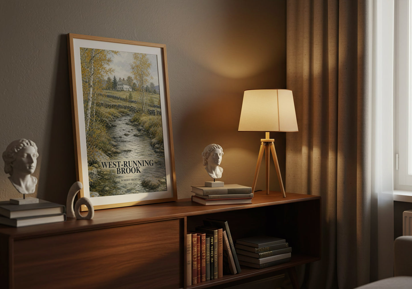 West-Running Brook watercolour print on bookshelf – Robert Frost fan gift
