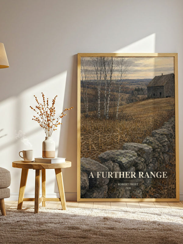 A Further Range watercolour print in frame leaning in hallway – poetry wall art
