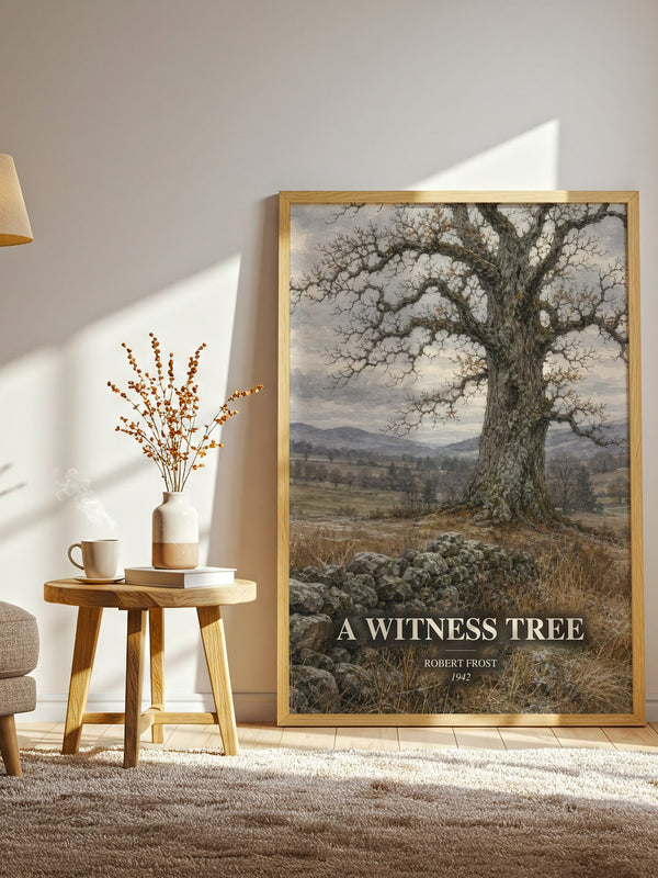 A Witness Tree watercolour print in frame leaning in hallway – poetry wall art
