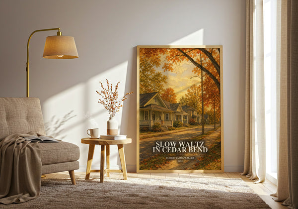 Slow Waltz In Cedar Bend watercolour print in frame leaning in hallway – romance wall art