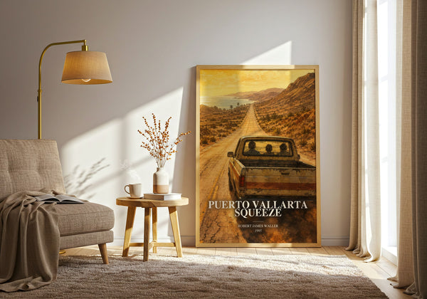 Puerto Vallarta Squeeze watercolour print in frame leaning in hallway – thriller wall art
