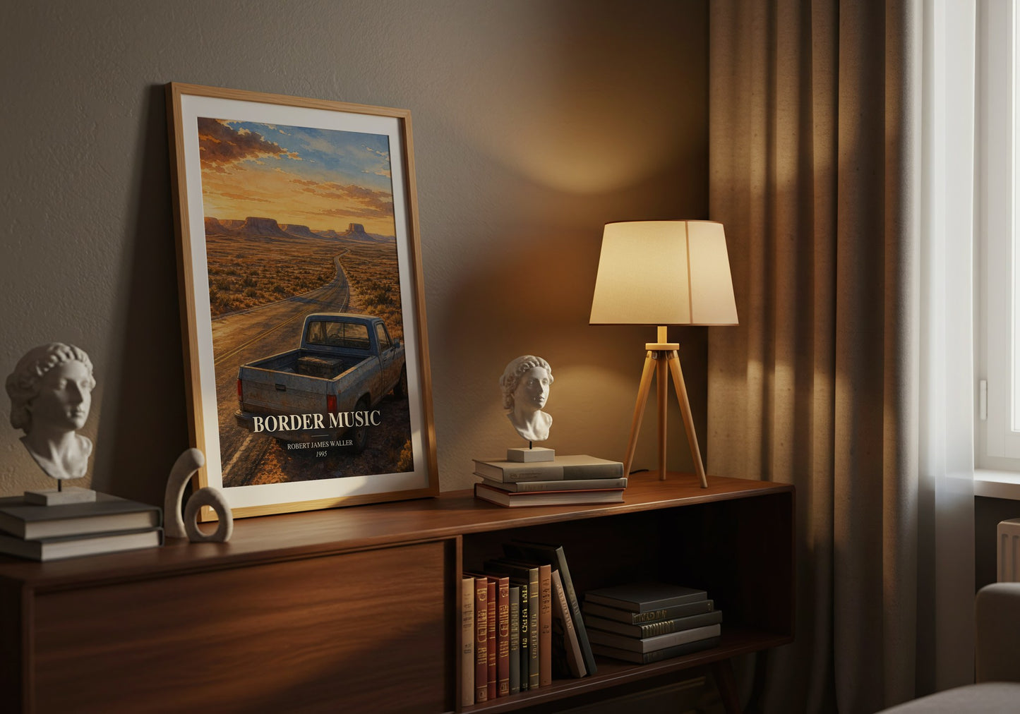 Border Music watercolour print on bookshelf – Robert James Waller fan gift