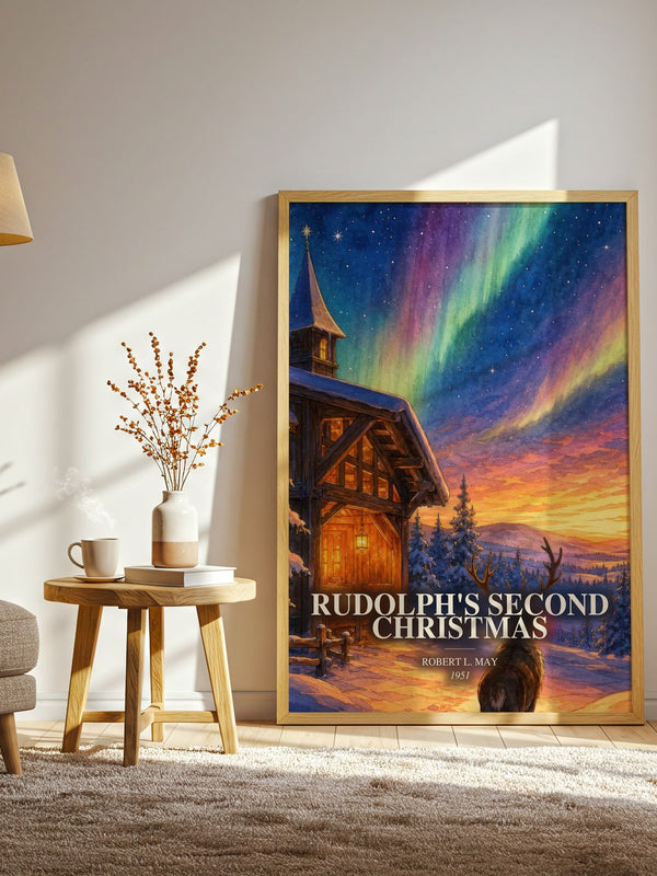 Rudolph'S Second Christmas watercolour print in frame leaning in hallway – childrens wall art